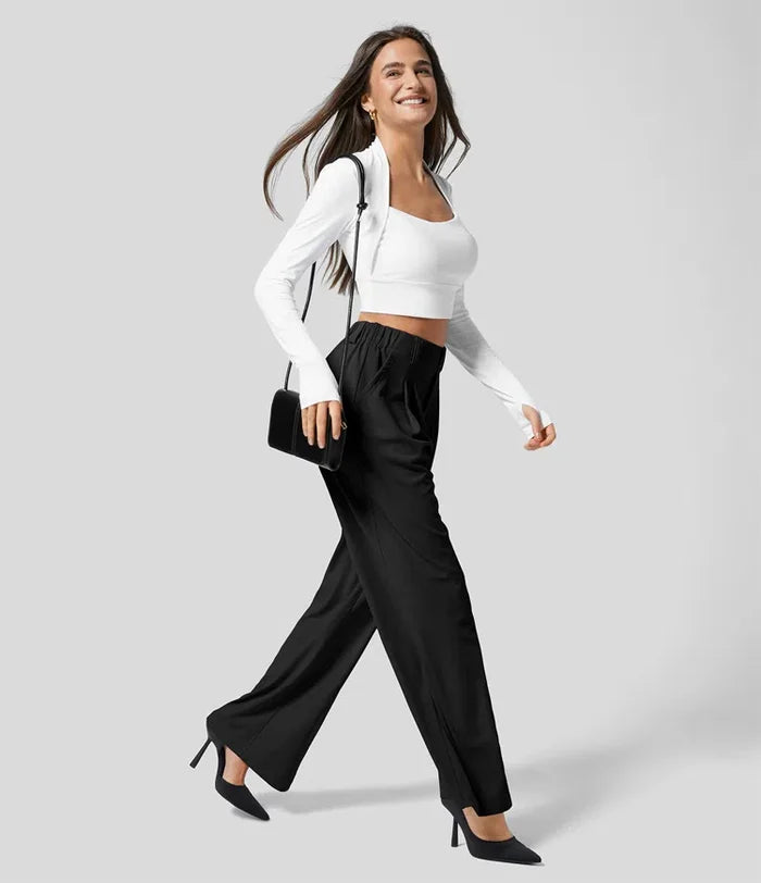 Pantalon de travail gaufré à taille haute avec poches latérales plissées et jambe large