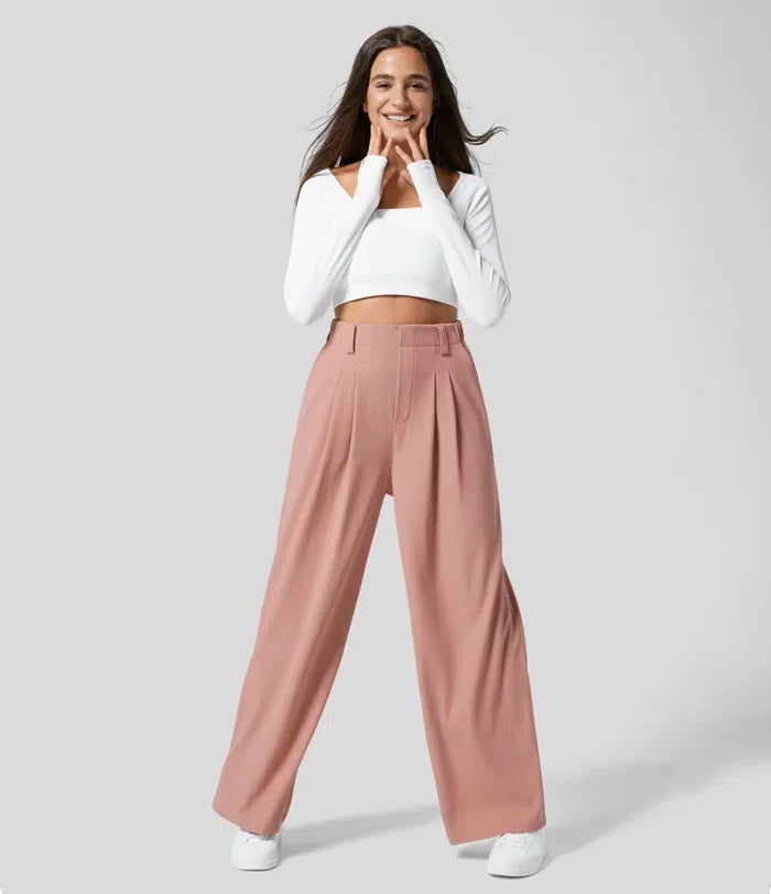 Pantalon de travail gaufré à taille haute avec poches latérales plissées et jambe large